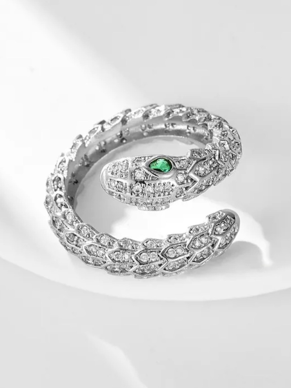 Silver Snake Wrap Ring with Green Gemstone